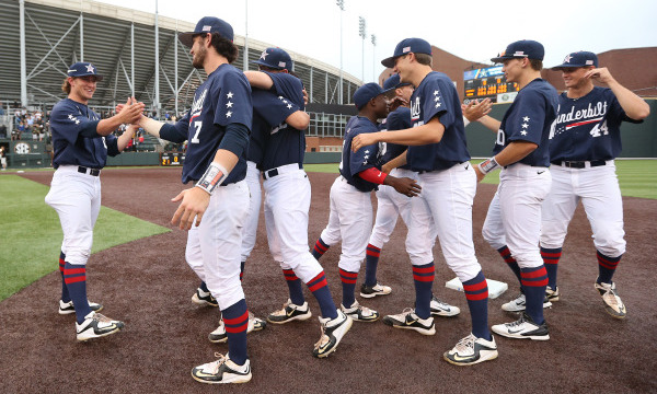 Photo of the Vanderbilt baseball team after winning an NCAA regional game at Hawkins Field representing the 2015 season