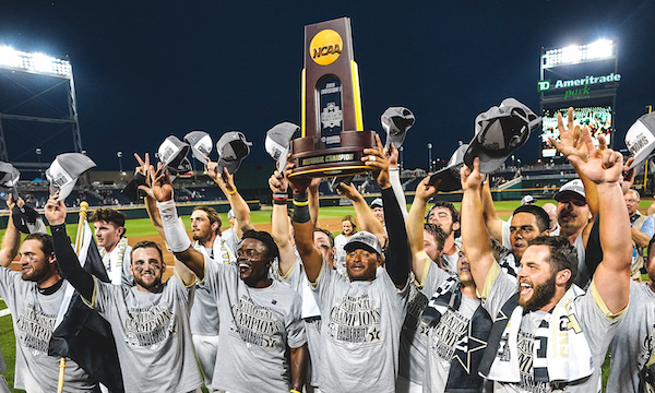 Photo of 2019 Vanderbilt baseball team holding up the NCAA Division I baseball trophy after winning the College World Series